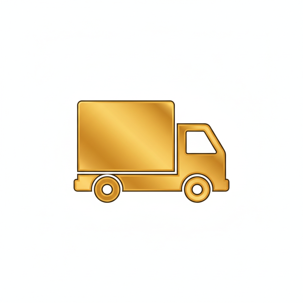 Minimal luxury UI icon of a delivery truck, flat design, single color gold, simple outline, no background, centered, small icon size, modern jewelry brand style, vector look
